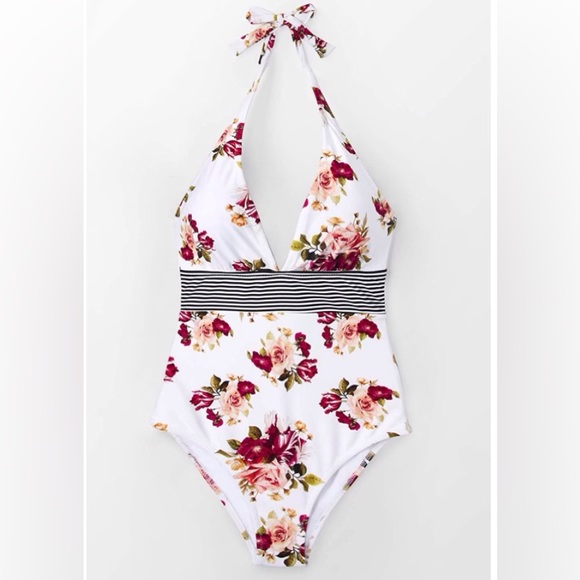CUPSHE Women's Tie Waist Floral Print One Piece Swimsuit Halter Swimwear Size L - Picture 5 of 6